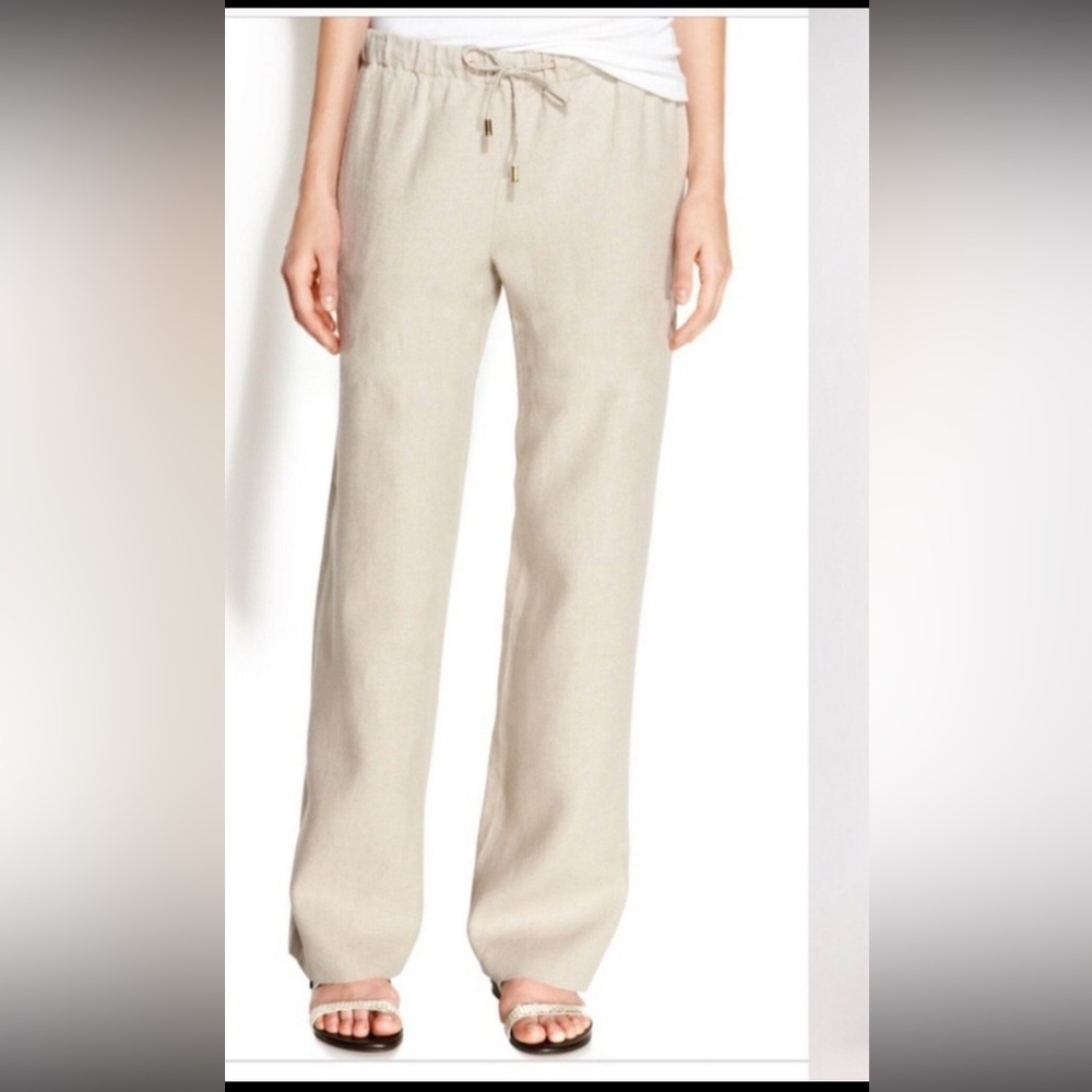 Michael Kors Wide Leg Linen Chambray Pants Beige 4